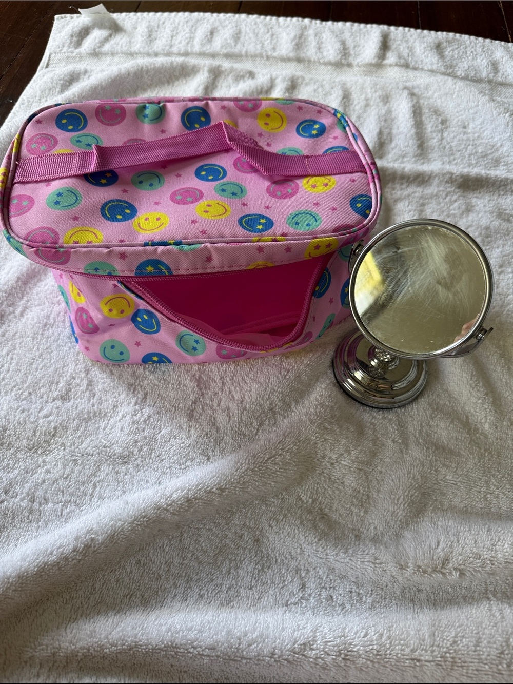 Pink Smiley Cosmetic Bag with Handle